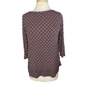 J.JILL Wearever Red Geometric Tile 3/4 Sleeve Knit Rayon Blouse Medium Petite